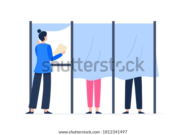 A woman\
stands in the voting booth. Voting and election concept. Democratic\
election. Vector flat illustration.\
