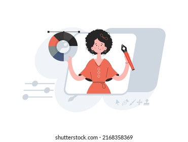 A woman stands waist-deep with a color wheel and a pen tool. Creation. Element for presentations, sites. Vector illustration