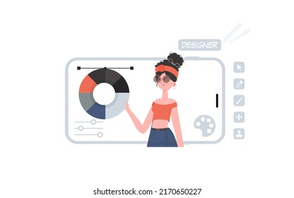 A woman stands waist-deep with a color wheel in her hands. Design. Element for presentation. Vector illustration