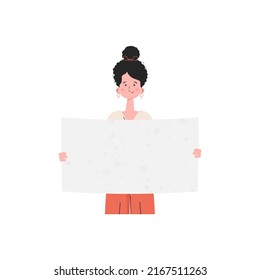 A woman stands waist-deep and holds a blank sheet in her hands. Isolated. Flat style. Element for presentations, sites. Vector illustration