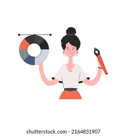 A woman stands waist-deep and holds a color palette in her hands. Isolated. Element for presentations, sites. Vector illustration