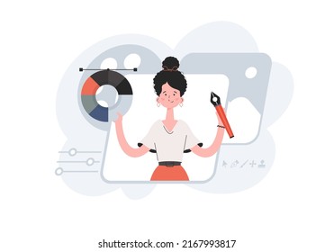 A woman stands waist-deep and holds a color palette in her hands. Creation. Element for presentations, sites. Vector illustration