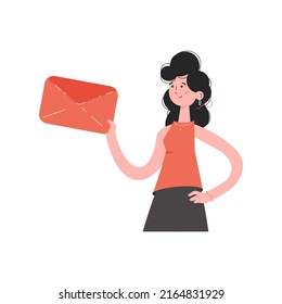 A woman stands waist-deep and holds an envelope with a letter. Isolated. Element for presentations, sites. Vector illustration