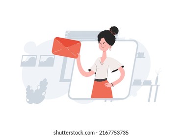 A woman stands waist-deep and holds an envelope in her hands. Communications. Element for presentations, sites. Vector illustration