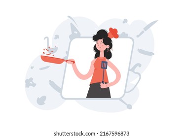 A woman stands waist-deep and holds a frying pan and a spatula. Cafe. Element for presentations, sites. Vector illustration