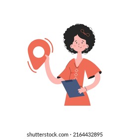 A woman stands waist-deep and holds a location icon in her hands. Isolated. Element for presentations, sites. Vector illustration