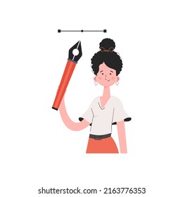 A woman stands waist-deep and holds a pen tool in her hands. Isolated. Element for presentations, sites. Vector illustration