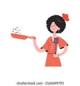 A woman stands waist-deep and holds a spatula in her hands. Isolated. Element for presentations, sites. Vector illustration