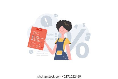 A woman stands waist-deep and holds a tax payment form. Taxes. Element for presentation. Vector illustration