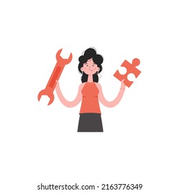 A woman stands waist-deep and holds a wrench in her hands. Isolated. Element for presentations, sites. Vector illustration