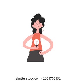 A woman stands waist-deep with a light bulb in her hands. Isolated. Element for presentations, sites. Vector illustration