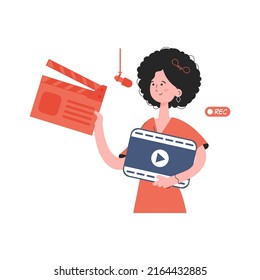 A woman stands waist-deep with an open clapperboard. Isolated. Element for presentations, sites. Vector illustration