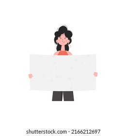 A woman stands waist-deep and shows an empty sheet. Isolated. Flat style. Element for presentations, sites. Vector illustration