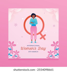 A woman stands within a Venus symbol celebrating Women's Day March 8th for social media post or card