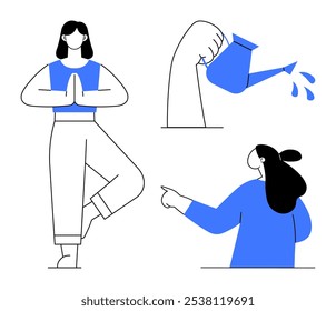 Woman stands in a yoga pose with hands together in a meditative stance with other elements showing a hand pouring water from a watering can and person raising a finger. Ideal for wellness