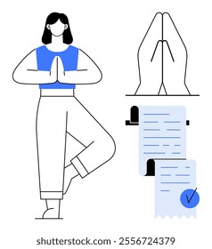 Woman stands in yoga tree pose with namaste hands on the side and a document with a check mark below. Ideal for wellness, mindfulness, fitness, meditation, organization