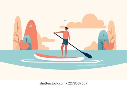 Woman stand-up paddling on a lake, with the sun setting in the background and reflections of the on a paddleboard and trees on the water. Flat vector summer watersport concept. Gadget-free vacation