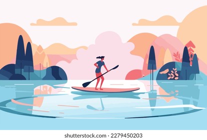 Woman stand-up paddling on a lake, with the sun setting in the background and reflections of the on a paddleboard and trees on the water. Flat vector summer watersport concept. Gadget-free vacation