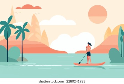 Woman stand-up paddling on a lake, with the sun setting in the background and reflections of the on a paddleboard and trees on the water. Flat vector summer watersport concept. Gadget-free vacation