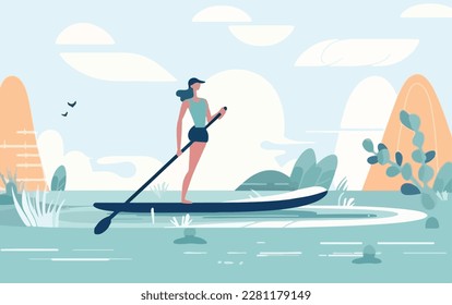 Woman stand-up paddling on a lake, with the sun setting in the background and reflections of the on a paddleboard and trees on the water. Flat vector summer watersport concept. Gadget-free vacation