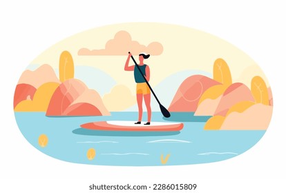 Woman stand-up paddling on a lake, with the sun setting in the background and reflections of the on a paddleboard and trees on the water. Flat vector summer watersport concept. Gadget-free vacation