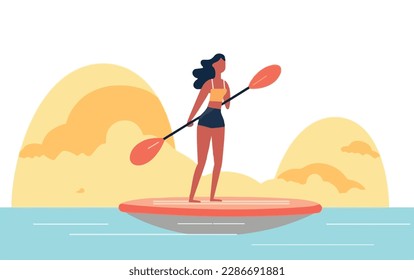 Una mujer se pone de pie sobre un lago, con el sol como telón de fondo y las reflexiones de la mujer sobre una tabla de remo y los árboles sobre el agua. Concepto de deportes náuticos de verano con vectores planos. Vacaciones libres de gadgets