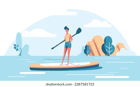 Woman stand-up paddling on a lake, with the sun setting in the background and reflections of the on a paddleboard and trees on the water. Flat vector summer watersport concept. Gadget-free vacation