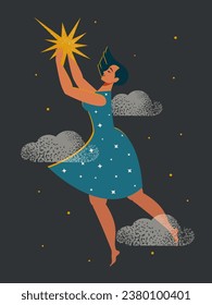 Woman with a star. Cute happy woman in a blue dress flying in the clouds with a yellow star in her hands. Follow your dreams. Vector.