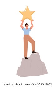 Woman with star. Girl stands with large award in hand on stone. Climber and athlete, Award for winner in competition. Self development and motivation, goal setting. Cartoon flat vector illustration