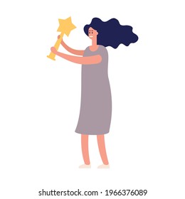 Woman with star trophy. Female success, science successful winner. Championship prize, science award. Champion utter vector character