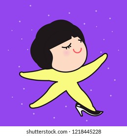 Woman In Starfish Costume Walking In One High Heel Shoe Getting Ready For Night Party Concept Card Character illustration