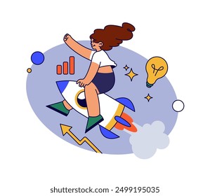 Woman staring business, startup and development of company or organization. Vector flat cartoon female character flying on launched rocket, growing ideas and profitability