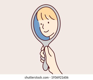 woman staring at her happy reflection in a mirror. Hand drawn style vector design illustrations.