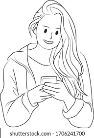 woman staring at her phone vector line illustration