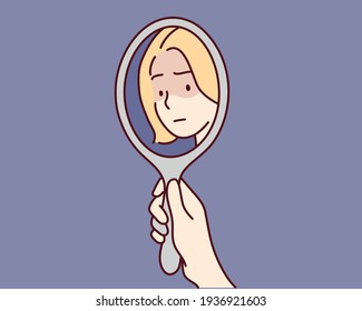 woman staring at her sad reflection in a mirror. Hand drawn style vector design illustrations.