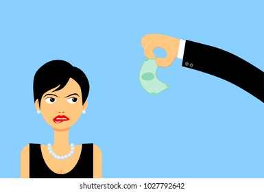 Woman staring at money held by man vector illustration