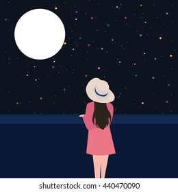 woman staring at the moon with stars lonely feeling 