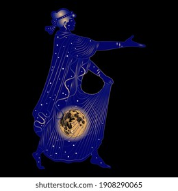 Woman as starry night with full moon. Ancient Greek goddess Nyx or Selene. Creative concept. Lunar feminine energy.