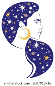Woman stars long hair. Galaxy