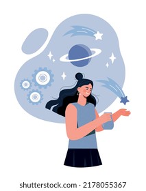 Woman with stars. Metaphor of imagination and fantasy, creative person. Mindfulness and positive psychology, optimism. Galaxy and universe, thought processes. Cartoon flat vector illustration