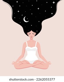 Woman with stars sky, moon meditating in lotus position.
Meditation concept. Pretty yoga woman in lotus pose. Vector illustration in flat style.