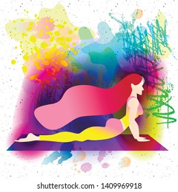 A woman started in yoga with a cobra pose. Bhujangasana. Colorful Flat character design. Indigo fashion colors.Colorful watercolor background.Vector illustration.cosmic magical colors concept.