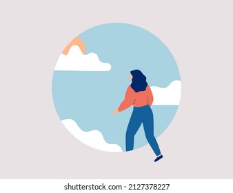 Woman starts a new life. Female doing first step in the future. Girl wants to get rid of psychological problems. Concept of mental health improvement. Vector illustration