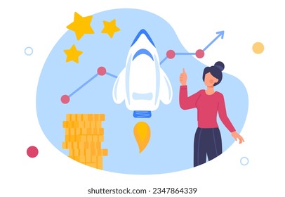 Woman with startup concept. Young girl launch rocket with golden coins. Successful entrepreneur and businesswoman with project. Innovations in business. Cartoon flat vector illustration