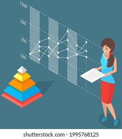 Woman with statistical business report in hands analysing information in visualized form. Female character looking near graph with falling and rising lines and columns. Charts and infographics project