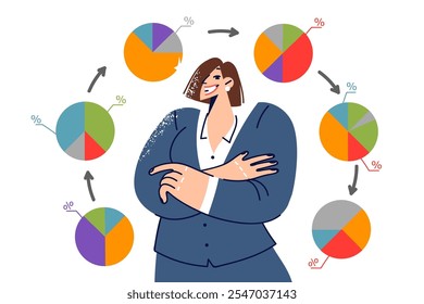 Woman statistician stands among business charts with changing data showing positive changes. Girl business analyst crosses arms in front of chest, rejoicing at result obtained during market research.