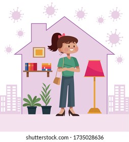woman stay at home inside house vector illustration design