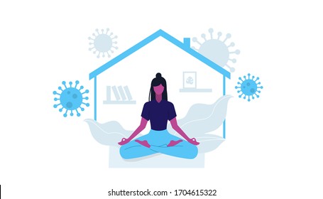 Woman stay home and meditate. Coronavirus quarantine. Vector