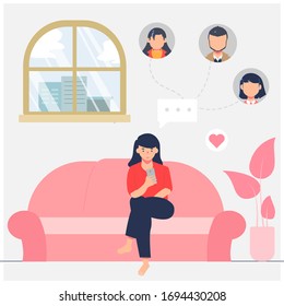 woman stay at home playing smartphone for conversation during covid-19 illustration