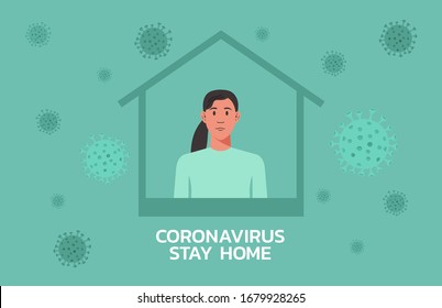 woman stay at home to prevent from virus spreading, flu prevention, coronavirus, covid-19, social isolation and self quarantine concept, character cartoon flat vector illustration